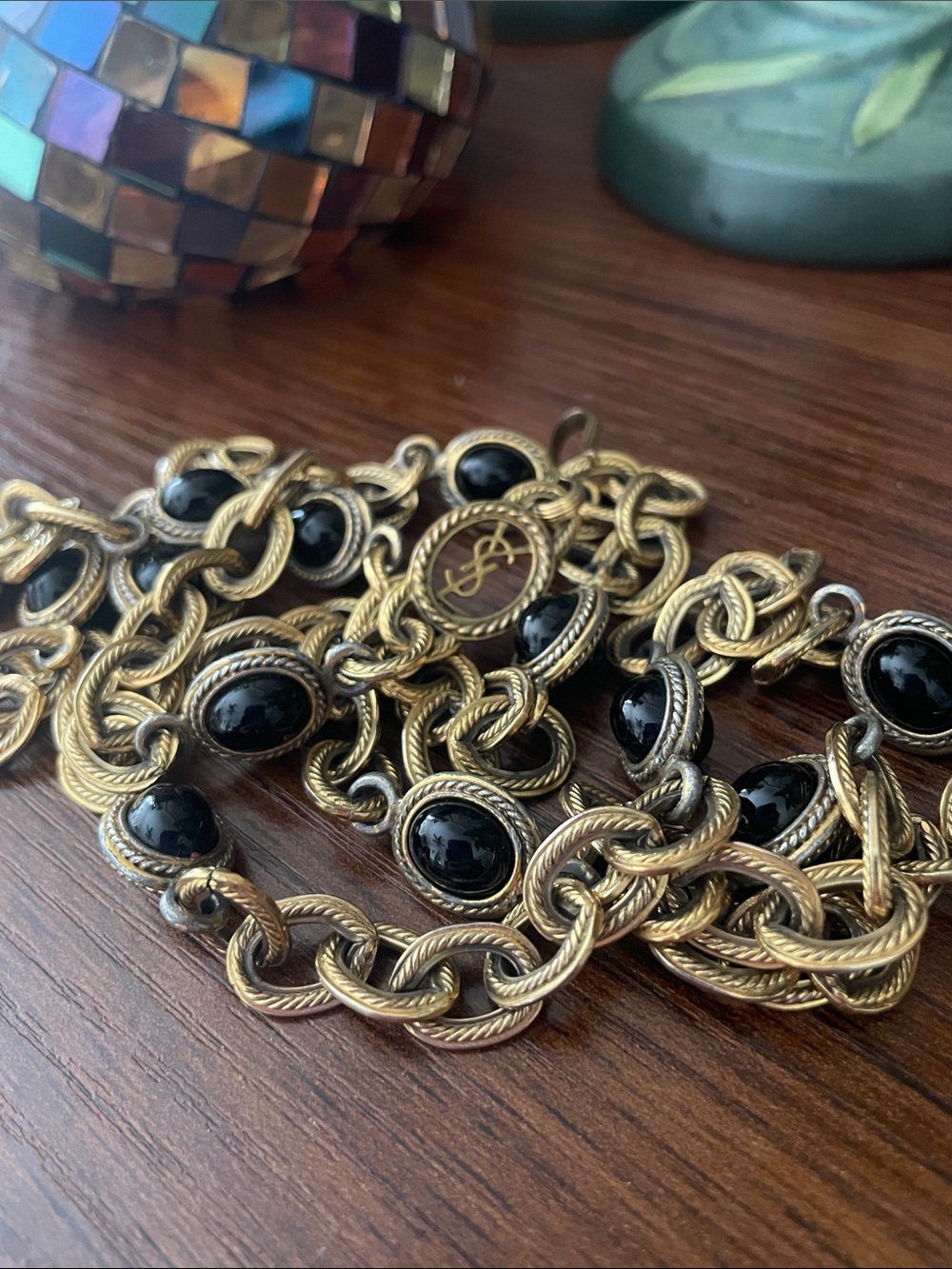 Vintage YSL Gold-Toned Necklace/Belt with Black Cabachons